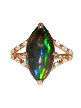4.15Ct Marquise Ethiopia Black Opal Ring in Solid 14K Gold with Diamond Accents